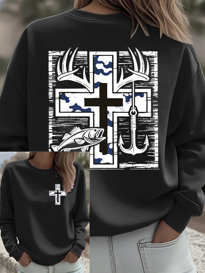 Women's Retro Faith Fishing Hunting Print Sweatshirt