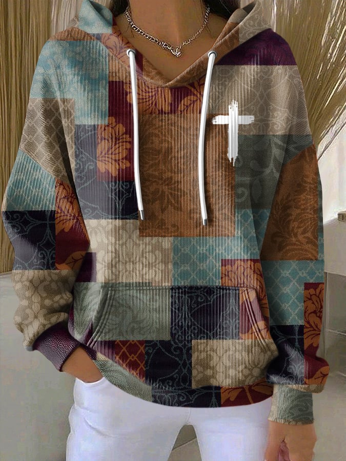 Women's Casual Retro Color Block Contrast Print Faith Texture Hoodie