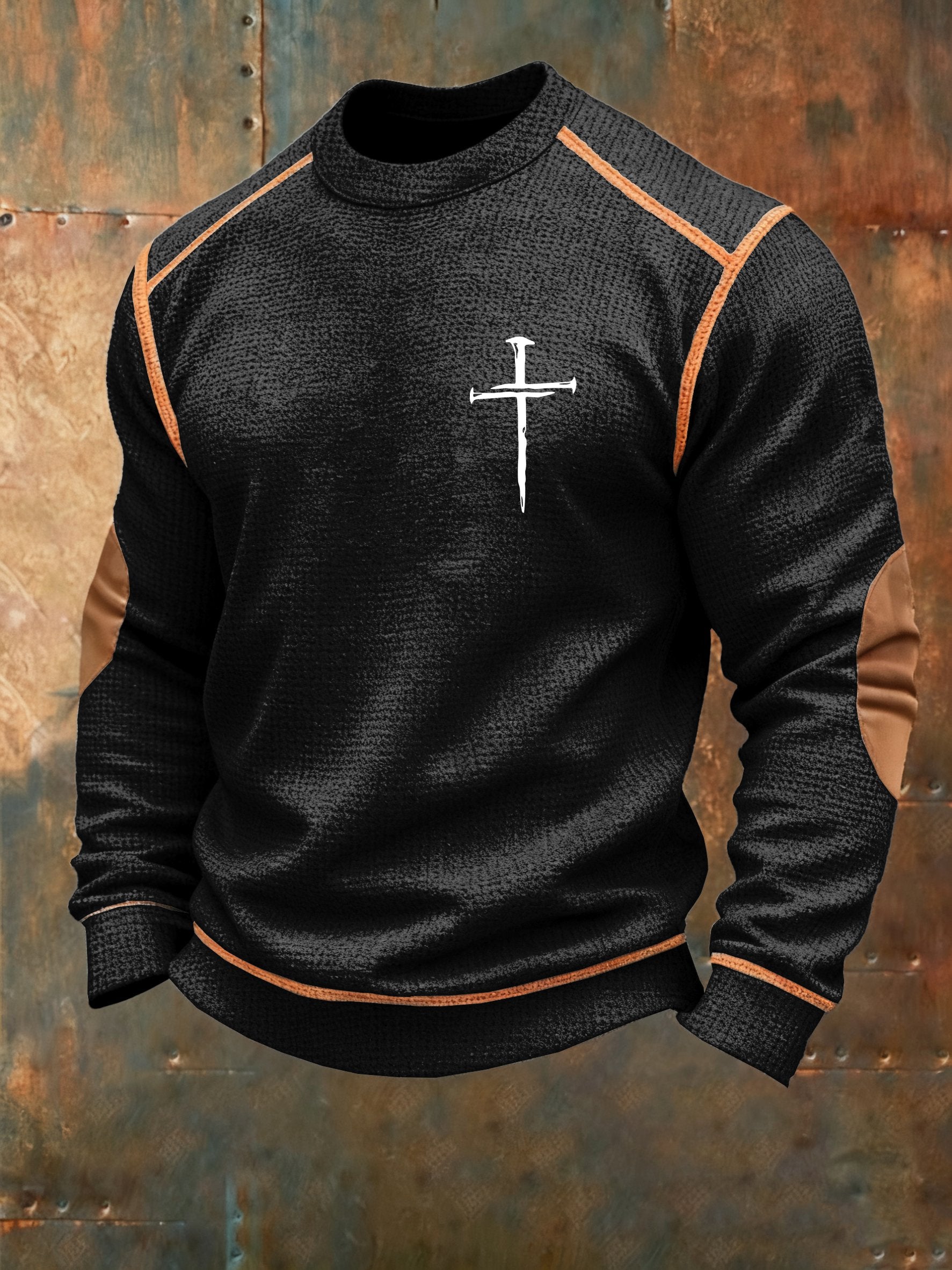 Men's Vintage Faith Cross Print Waffle Crew Neck Sweatshirt