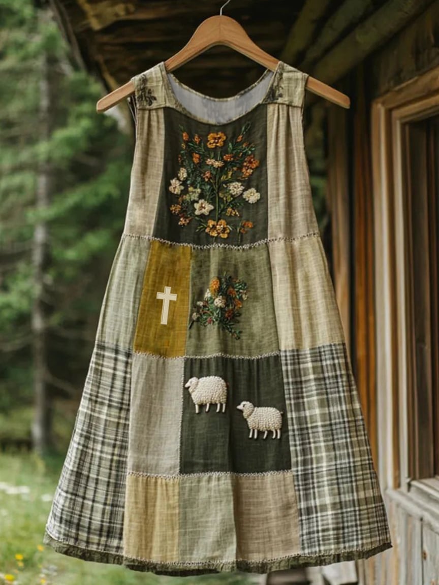 Women's Cute Lamb Floral Faux Embroidery Print Sleeveless Round Neck Dress