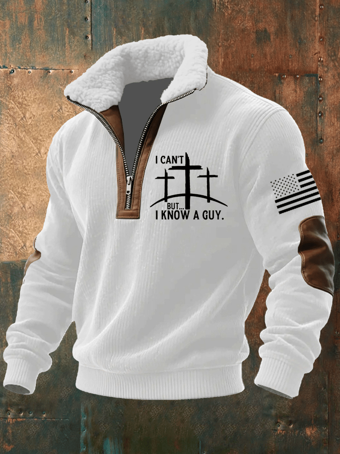 Men's Faith Print Knitted Fabric Zipper Fur Collar Long-Sleeved Sweatshirt