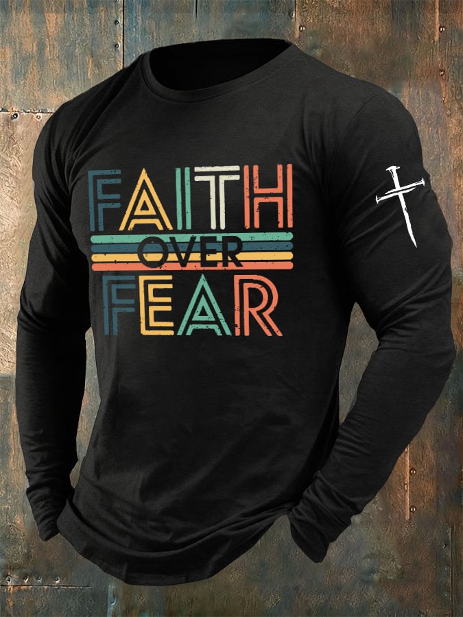🔥Buy 3 Get 15% Off🔥Men's casual long-sleeved faith overcomes fear printed long-sleeved T-shirt