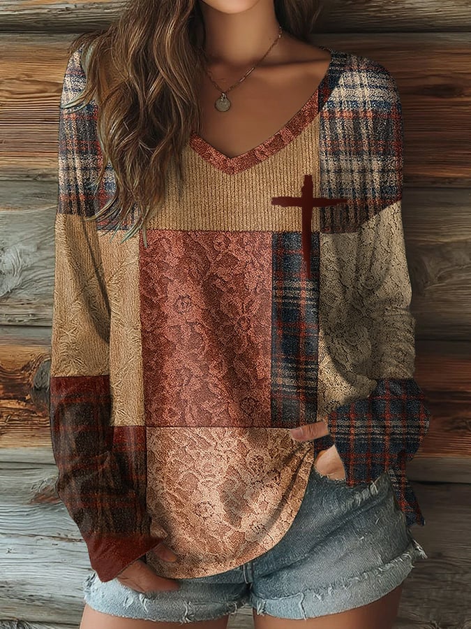 Women's Breast Cancer Awareness Pink Floral Art Print Casual V-Neck Long Sleeve T-Shirt