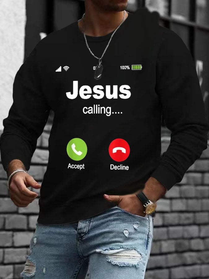 Men's Retro Jesus Calling Printed Long Sleeve Sweatshirt