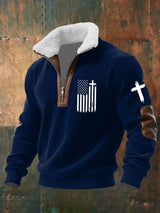 Men's Flag Cross Printed Knitted Fabric Zipper Fur Collar Sweatshirt