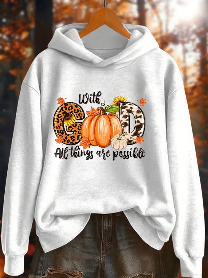 Women's With God All Things Are Possible Pumpkins Printed Hoodie