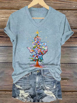 V-Neck Retro Texas Christmas Tree Watercolor Painting Print T-Shirt