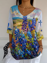 Women's Faith Autumn Oil Painting Style Blue Hat Flower V-Neck Print Long Striped Top