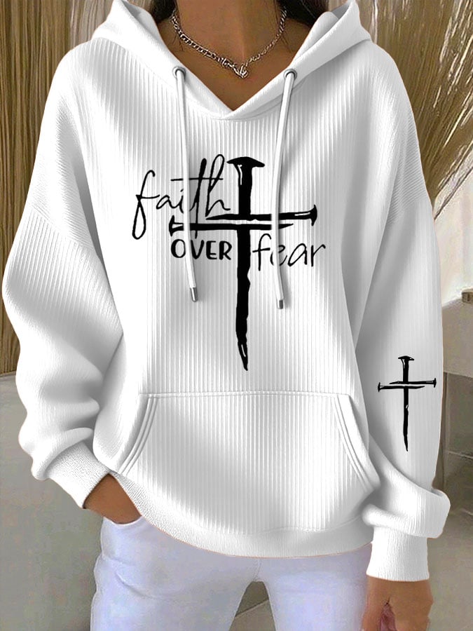 Women's Faith Cross Faith Over Fear Print Casual Hooded Sweatshirt
