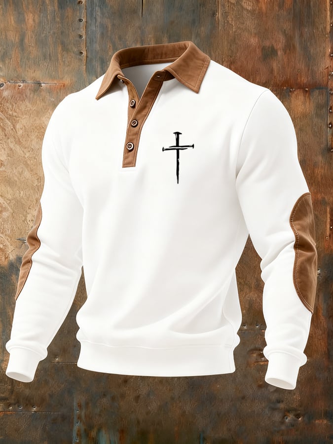 Men's Vintage Faith Cross Print Button Lapel Sweatshirt