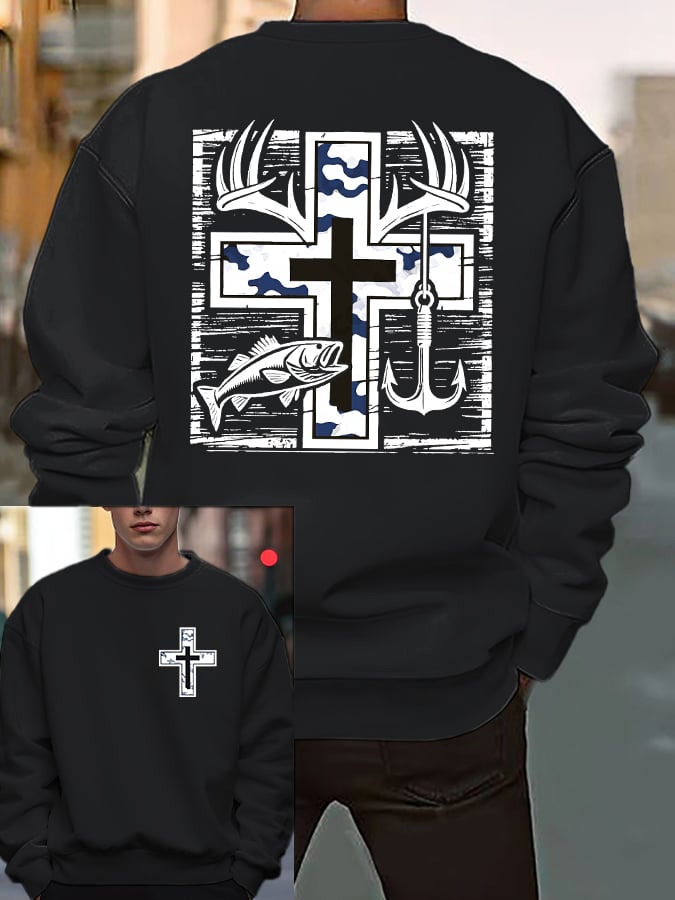 Men's Retro Faith Fishing Hunting Print Sweatshirt