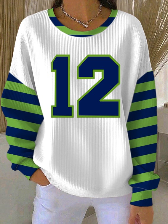 Women's Rugby Print Knit Crew Neck Long Sleeve Top