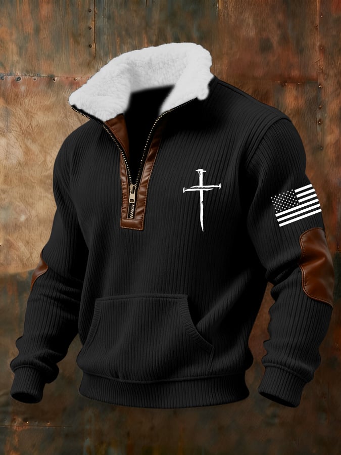 Men's Retro Faith Cross Print Zipper Fur Collar Long Sleeve Sweatshirt