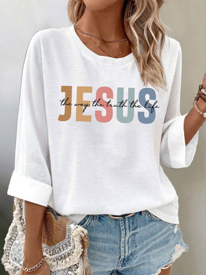 Women's casual Jesus Three Truths waffle long-sleeved T-shirt