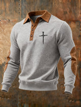 Men's Vintage Faith Cross Print Button Lapel Sweatshirt