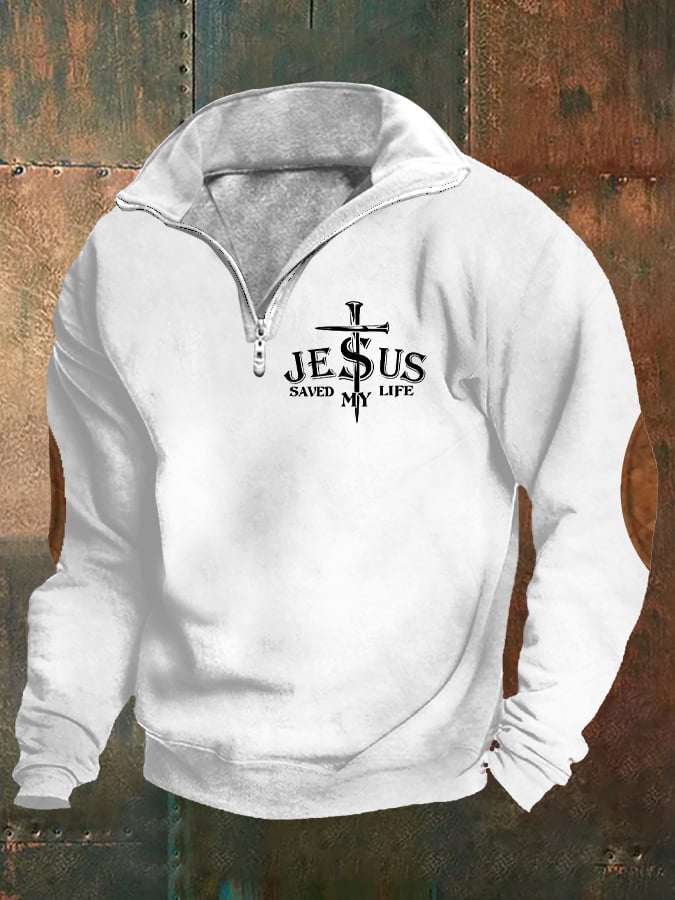 Men's Retro Faith "Jesus Saved My Life" Printed Stand Collar Zipper Sweatshirt
