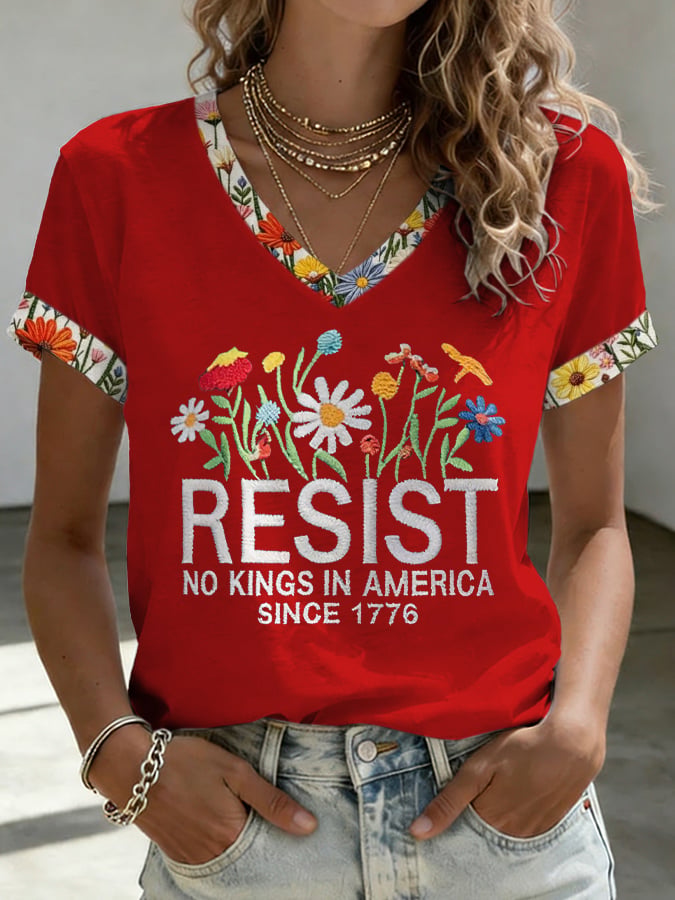 🔥Buy 3 Get 15% Off🔥V-Neck Retro Resist No Kings In America Since 1776 Print T-Shirt