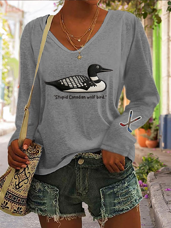 Women's Stupid Canadian wolf bird Print Long Sleeve T-shirt